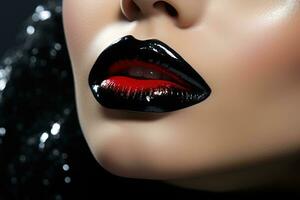 ai genererad närbild av kvinnas mun med svart och röd läppstift ljus smink foto