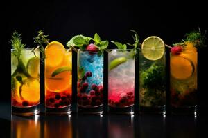ai genererad annorlunda färgad cocktails i glasögon på en tabell, dekoration av annorlunda cocktail i annorlunda glasögon ai genererad foto