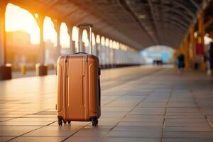 ai genererad brun resväska glömt på de plattform av en stor tåg station på solnedgång eller soluppgång foto
