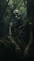 ai genererad vertikal bild av en mänsklig skelett täckt med jord och mossa lögner i en skrämmande mörk dyster skog foto