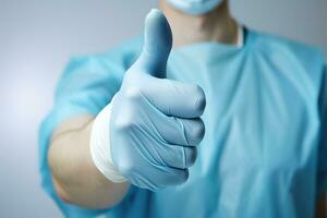 ai genererad man i blå sjukhus enhetlig som visar tummen upp medan bär blå sudd handske foto