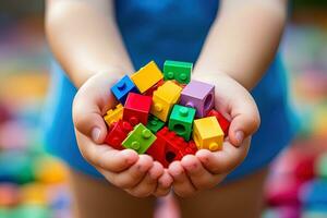 ai genererad bild av en barnets händer innehav färgrik plast konstruktion block foto
