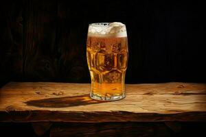 ai genererad en glas av öl på en trä- tabell på natt, en glas av öl på en trä- tabell. ai genererad foto