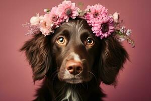ai genererad brun spaniel hund med blommor på huvud på en rosa bakgrund foto