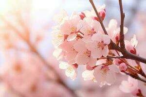 ai genererad körsbär blomma blommor på bokeh bakgrund baner med blommor på ljus rosa bakgrund. hälsning kort mall för bröllop, mödrar eller kvinnors dag. ai genererad foto