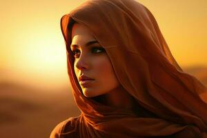 ai genererad porträtt av en ung arabicum kvinna i en hijab i de öken- mot de solnedgång, arab kvinnor ansikte de solnedgång ai genererad foto