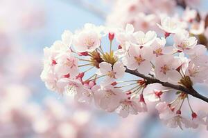 ai genererad körsbär blomma blommor på bokeh bakgrund baner med blommor på ljus rosa bakgrund. hälsning kort mall för bröllop, mödrar eller kvinnors dag. ai genererad foto