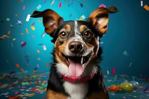 ai genererad Lycklig förtjusande hund leende på en blå bakgrund. födelsedag fest av firande rolig djur- begrepp foto