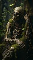 ai genererad vertikal bild av en mänsklig skelett täckt med mossa lögner i en skrämmande mörk dyster skog foto