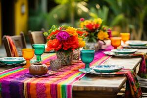 ai genererad tabell miljö i mexikansk stil. vibrerande bordsdukar och färgrik blomma arrangemang. generativ ai foto