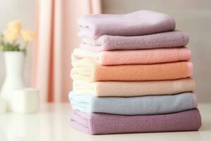 ai genererad stack av vikta rena mjuk pastell färgad handdukar. generativ ai foto