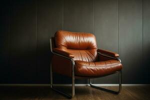 ai genererad årgång läder brun stol i en modern minimalistisk interiör. generativ ai foto