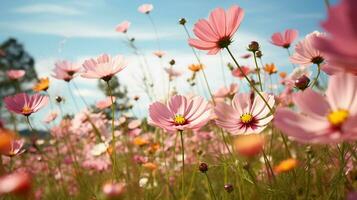 ai genererad blomstrande rosa kosmos under de blå himmel. ai genererad. foto