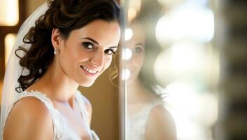 ai genererad elegant brud i bröllop klänning reflekterande i spegel foto