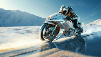 ai genererad motorcyklist ridning på snöig terräng foto