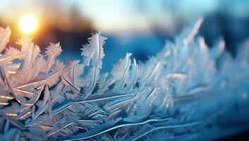 ai genererad frostig naturlig mönster på de fönster på solnedgång. vinter- bakgrund. ai genererad. foto