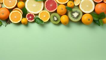 ai genererad mängd av färsk citrus- frukt på grön bakgrund foto
