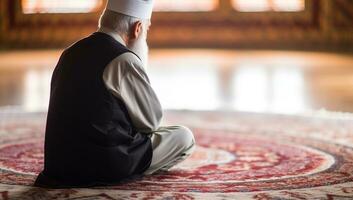 ai genererad religiös muslim man bön- på de moské i de morgon. foto