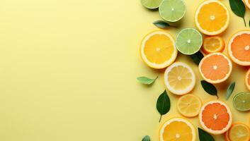 ai genererad skivor av citrus- frukt och löv på gul bakgrund, platt lägga. ai genererad. foto