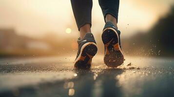 ai genererad idrottare skor medan löpning i de väg. bearbeta, maraton, kämpar, blomstrande, vinnare, joggning foto