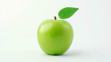 ai genererad mogen grön äpple med blad på vit bakgrund. färsk, friska, friska liv, frukt foto