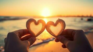 ai genererad hand innehav en form hjärta från de älskare med solljus bakgrund på de hav. kärlek på valentine s dag eller bröllop. den uttrycker din kärlek och vård för din någon särskild till du. foto