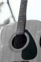 svart och vit akustisk gitarr porträtt. musik affisch bakgrund foto