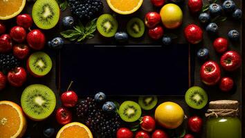 ai genererad olika frukt och bär på en mörk bakgrund foto