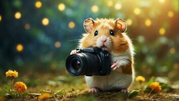 ai genererad söt rolig hamster med en kamera i de parkera foto