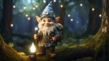 ai genererad söt rolig tecknad serie gnome med en ficklampa i de skog foto