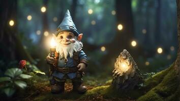 ai genererad söt rolig tecknad serie gnome med en ficklampa i de skog foto