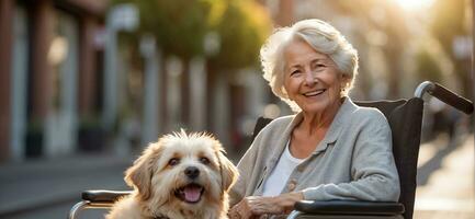 ai genererad äldre kvinna i en rullstol med en hund utanför i de parkera foto