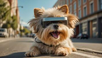 ai genererad söt hund bär virtuell verklighet glasögon på de gata foto