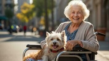 ai genererad äldre kvinna i en rullstol med en hund utanför i de parkera foto