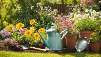 ai genererad färgad vattning kan med blommor i de sommar trädgård foto