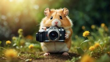 ai genererad söt rolig hamster med en kamera i de parkera foto
