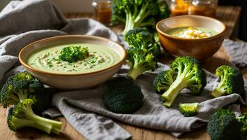 ai genererad aptitlig grädde av broccoli soppa på de tabell foto
