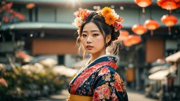 ai genererad porträtt av en skön japansk flicka, blomma foto