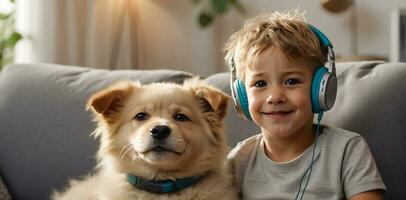 ai genererad liten pojke i hörlurar med en hund i de rum foto