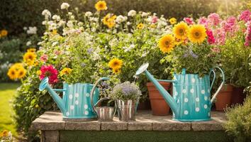 ai genererad färgad vattning kan med blommor i de sommar trädgård foto