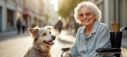 ai genererad äldre kvinna i en rullstol med en hund utanför i de parkera foto