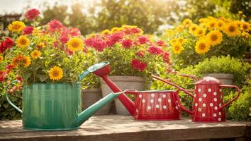 ai genererad färgad vattning kan med blommor i de sommar trädgård foto