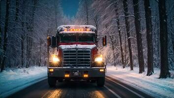 ai genererad lastbil körning på snöig väg på natt foto