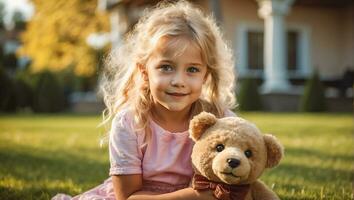 ai genererad liten flicka med en teddy Björn i natur mot de bakgrund av en hus foto