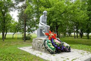 monument till de mor av en soldat väntar för henne son från de krig. skulptur av ett okänd författare i de parkera av de by av pervomaisky, krasnodar krai, Ryssland. foto