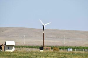 vind kraft växt. en vind turbin i de fält för alstrande elektricitet. foto