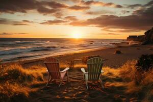 ai genererad havet solnedgång reträtt två stolar vilar på strand sand, skön soluppgång bild foto