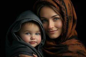 ai genererad en kärleksfull muslim mor som vaggar henne ung barn i en värma omfamning, islamic bilder foto