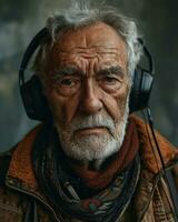 ai genererad Lycklig äldre man avkopplande med hörlurar, bilder av senior medborgare foto