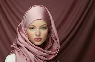 ai genererad graciös ung kvinna i en rosa hijab mot en ren vit bakgrund, islamic bilder foto